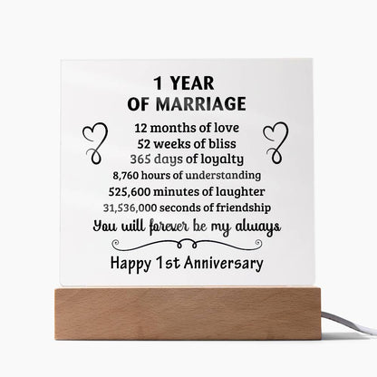 Anniversary Gift - One Year Of Marriage Acrylic Square Plaque with LED Wooden Base