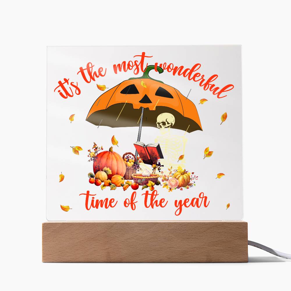 Halloween Decor - Most Wonderful Time of The Year Acrylic Square Plaque with LED Wooden Base