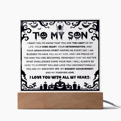 Son - Proudest Achievement - Halloween Acrylic Square Plaque with LED Wooden Base