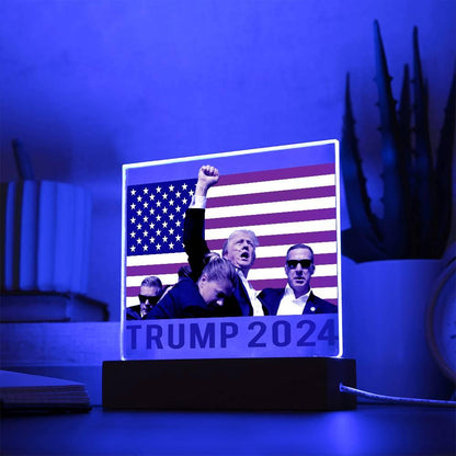 Trump 2024 Butler Rally Acrylic Plaque with LED Lighted Wooden Base