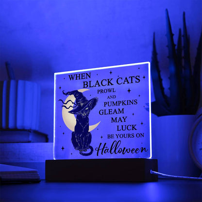 Halloween Decor - Black Cats and Pumpkins Gleam Acrylic Square Plaque with LED Wooden Base