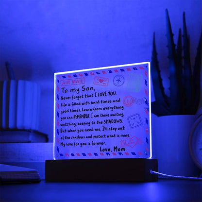 Letter To My Son, Love, Mom Acrylic Square Plaque with LED Wooden Base