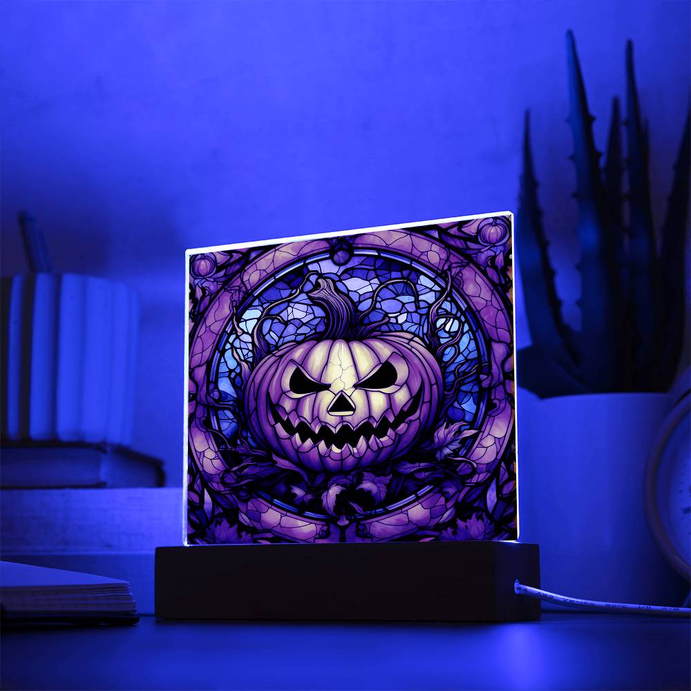 Halloween Pumpkin Stained-Glass Acrylic Square Plaque with LED Wooden Base