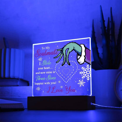 Soulmate Gift - Stole My Heart - Christmas Acrylic Plaque with Lighted LED wooden Base