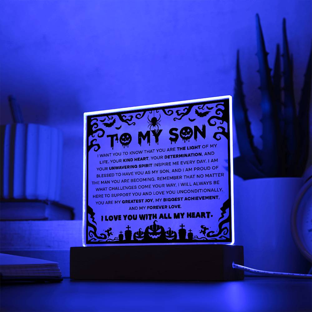 Son - Proudest Achievement - Halloween Acrylic Square Plaque with LED Wooden Base