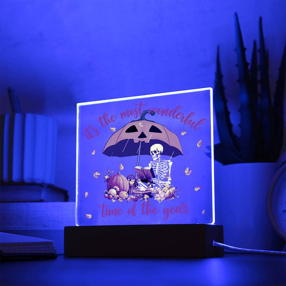 Halloween Decor - Most Wonderful Time of The Year Acrylic Square Plaque with LED Wooden Base