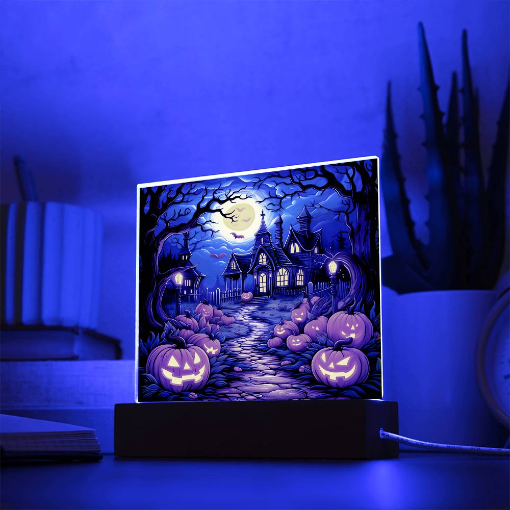 Halloween Decor Haunted Mansion Acrylic Square Plaque with LED Wooden Base