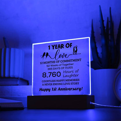 Anniversary Gift One Year of Love, Countless Happy Memories Acrylic Square Plaque with LED Wooden Base