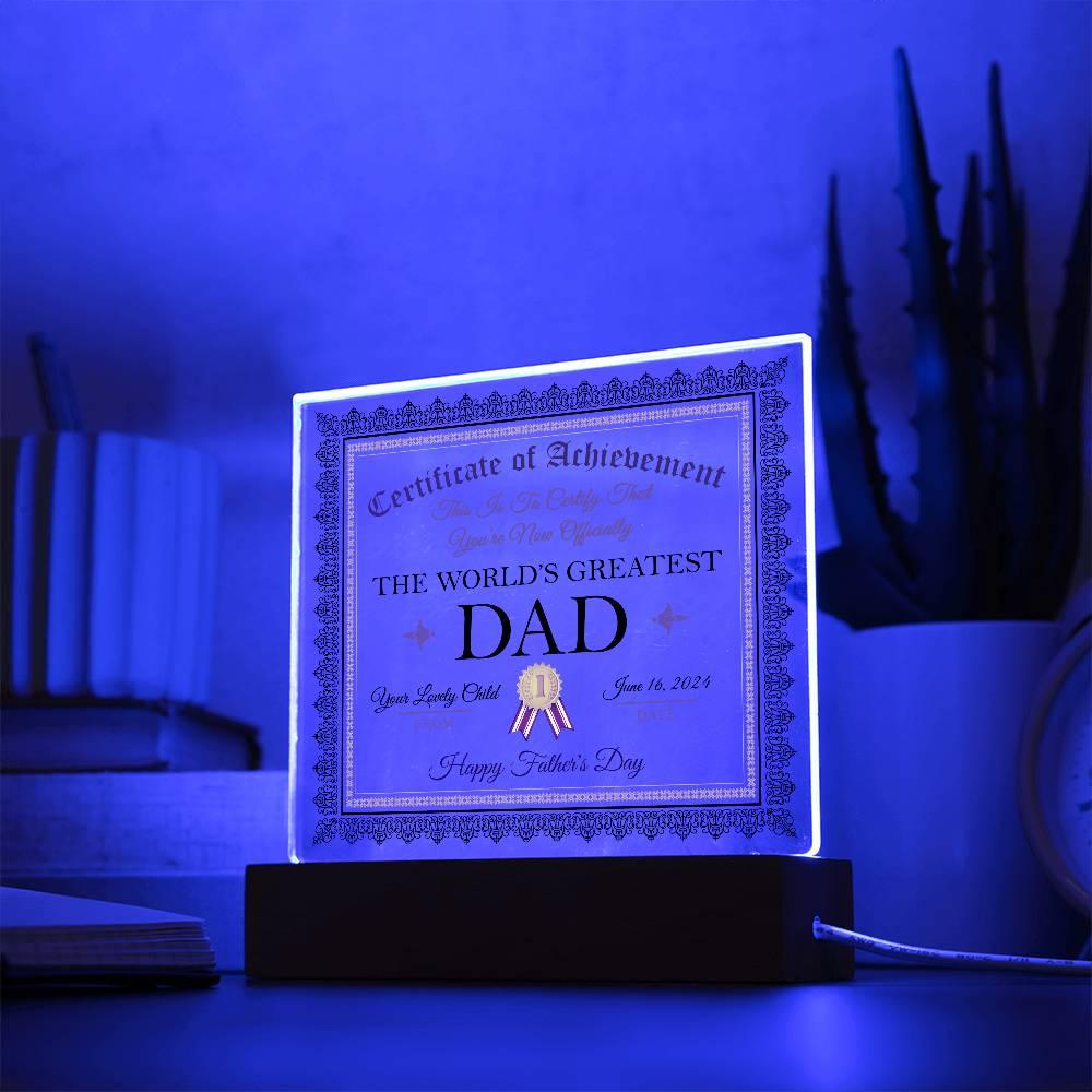 Father's Day Gift Certificate of Achievement for The World's Greatest Dad Personalized Acrylic Plaque