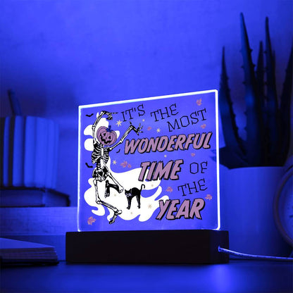 Halloween Decor - The Most Wonderful Time of the Year Acrylic Square Plaque with LED Wooden Base