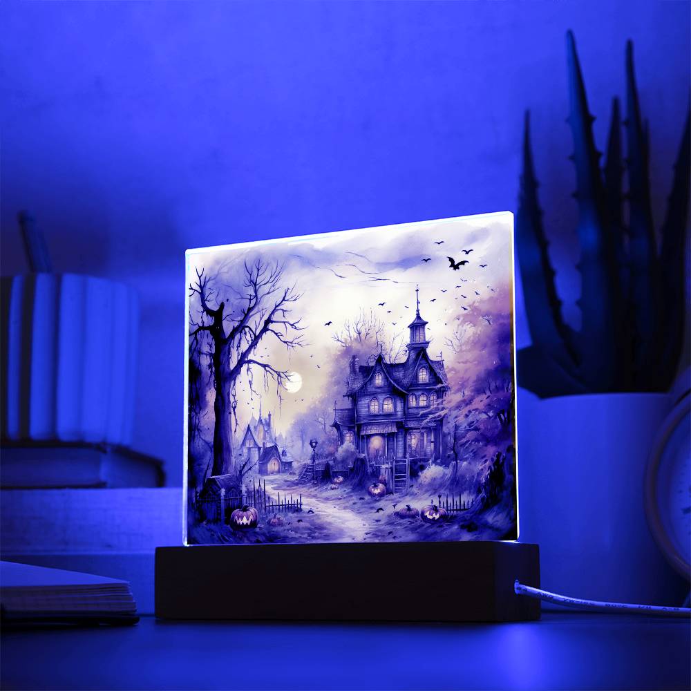 Spectral Spire: Spooky Halloween Mansion Acrylic Square Plaque with LED Lighted Wooden Base