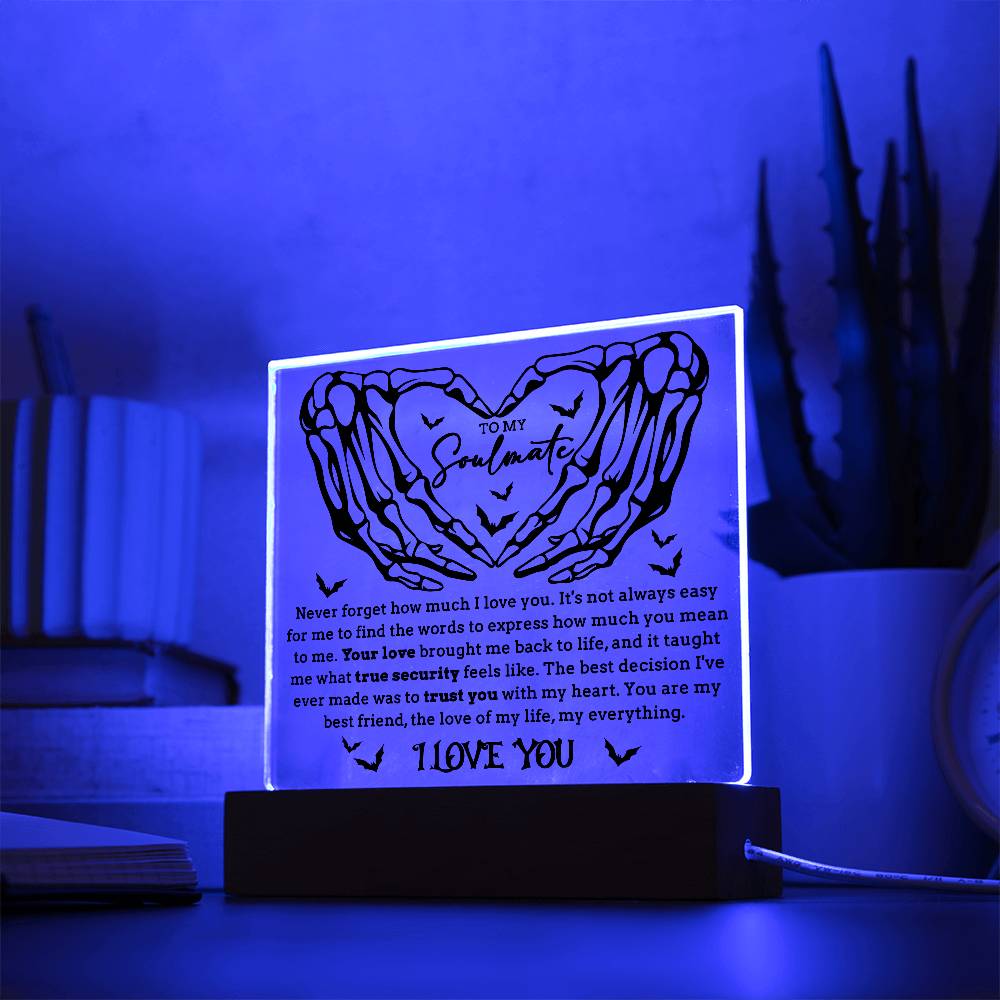 Soulmate - True Security - Halloween Acrylic Square Plaque with LED Lighted Wooden Base