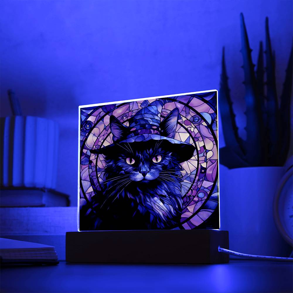 Halloween Decor - Spooky Black Cat Acrylic Square Plaque with LED Wooden Base