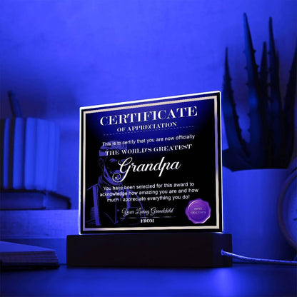 Certificate of Appreciation - The World's Greatest Grandpa Acrylic Plaque