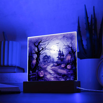 Shadowy Stronghold: Unique Mansion Halloween Acrylic Lighted Plaque