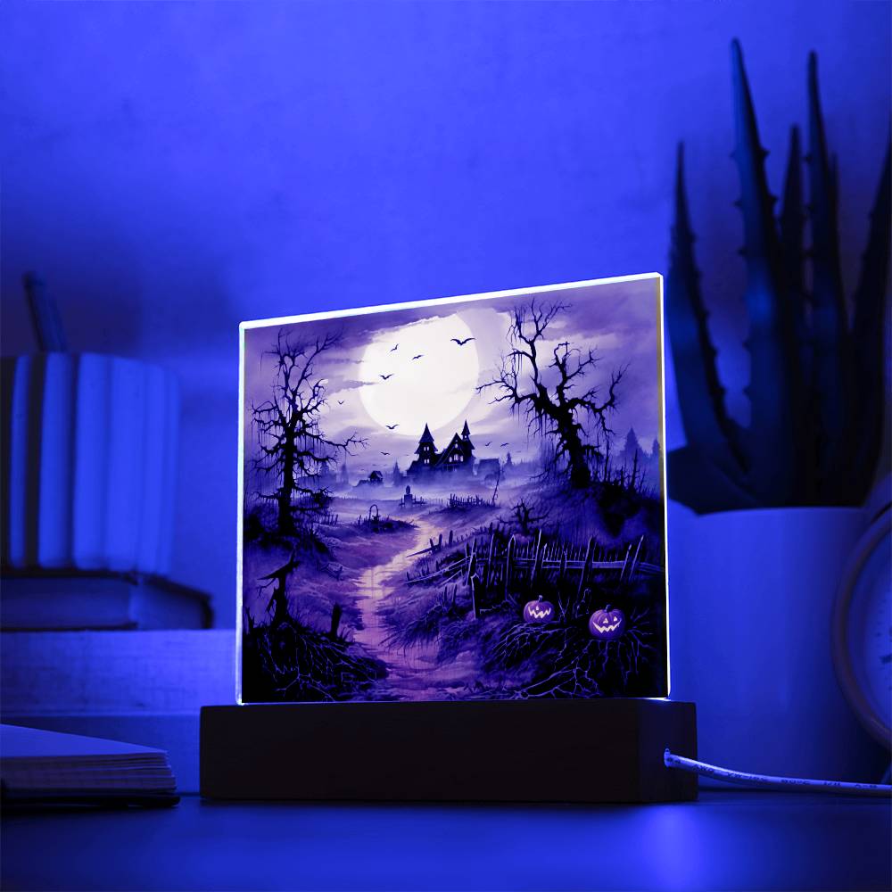 Eerie Elegance: Haunted Mansion Acrylic Halloween Plaque with LED Lighted Wooden Base