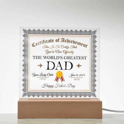 Father's Day Gift Certificate of Achievement for The World's Greatest Dad Personalized Acrylic Plaque