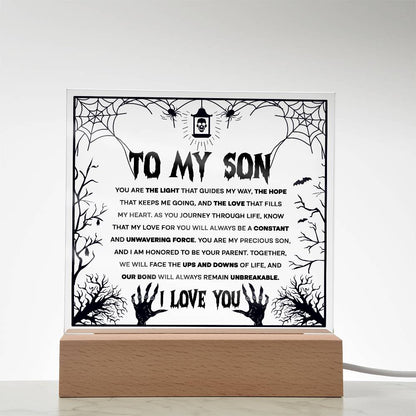 Son - Unwavering Force - Halloween Acrylic Square Plaque with LED Wooden Base