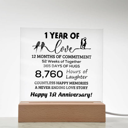 Anniversary Gift One Year of Love, Countless Happy Memories Acrylic Square Plaque with LED Wooden Base