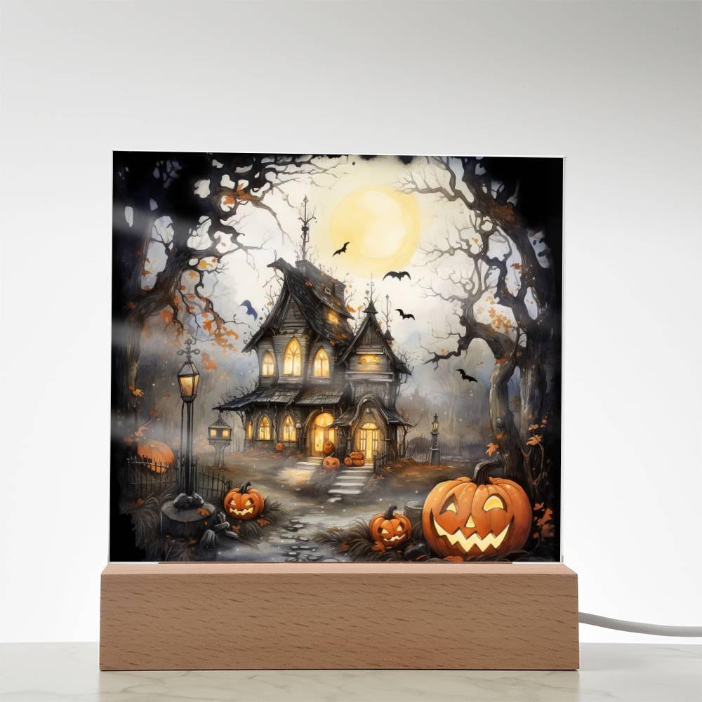 Chilling Manor: Haunted Halloween Mansion Acrylic Square Plaque with LED Lighted Wooden Base