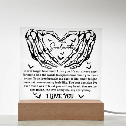 Soulmate - True Security - Halloween Acrylic Square Plaque with LED Lighted Wooden Base