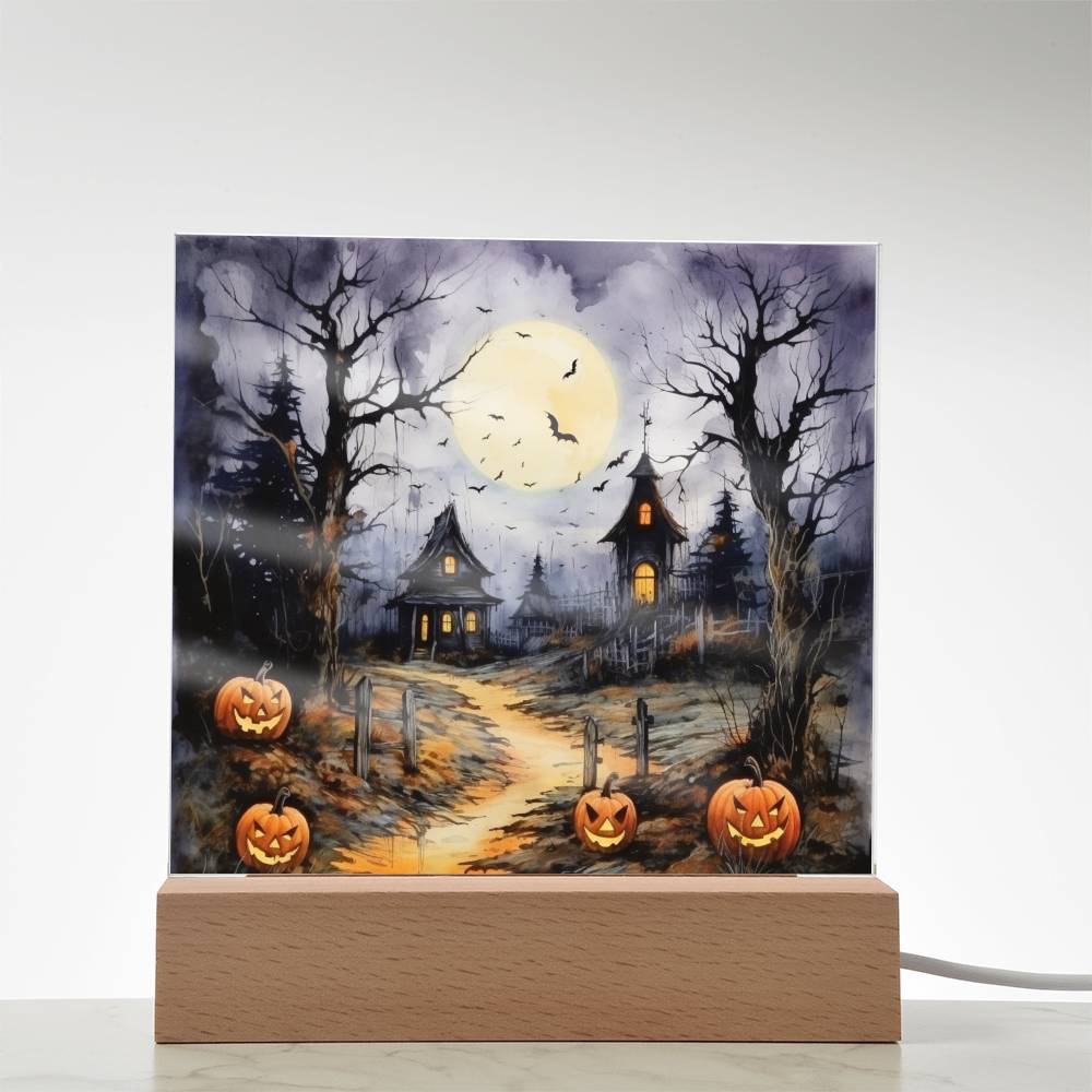 Halloween Haunt: Detailed Mansion Acrylic Plaque with LED Lighted Wooden Base