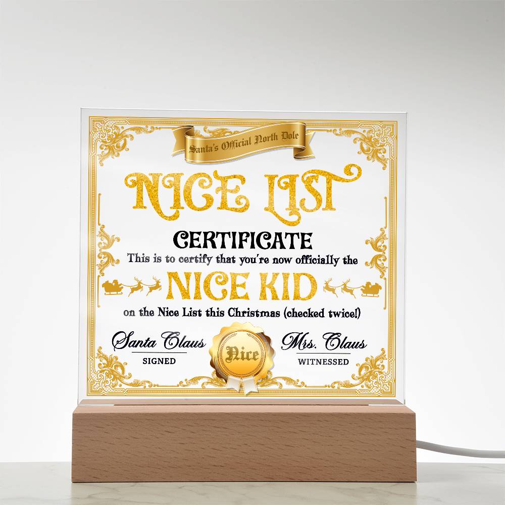 Christmas Decor - Nice Kid List Certificate Acrylic Square Plaque with LED Wooden Base