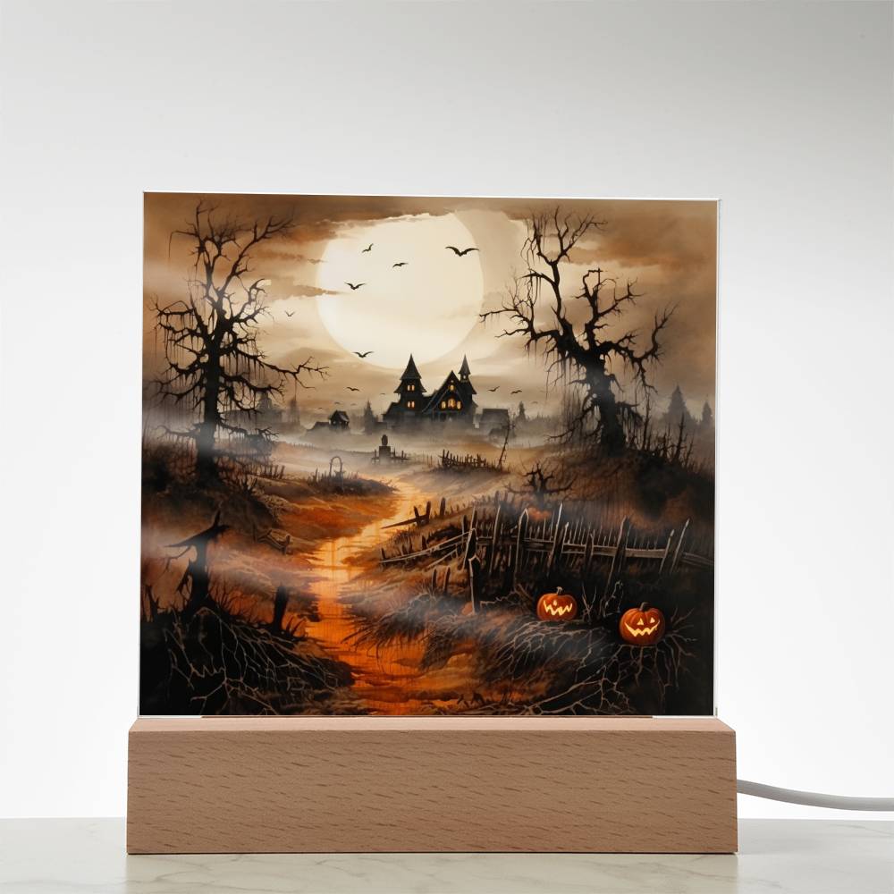 Eerie Elegance: Haunted Mansion Acrylic Halloween Plaque with LED Lighted Wooden Base