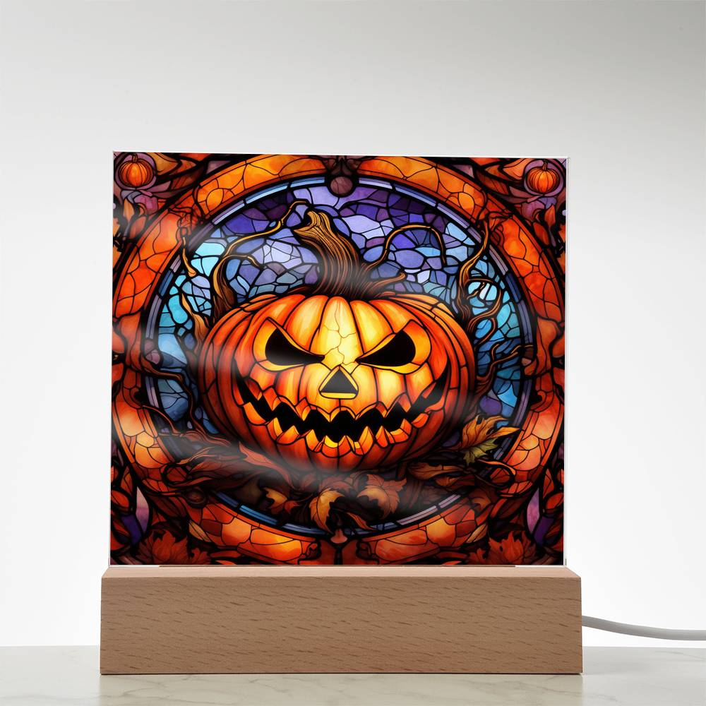 Halloween Pumpkin Stained-Glass Acrylic Square Plaque with LED Wooden Base