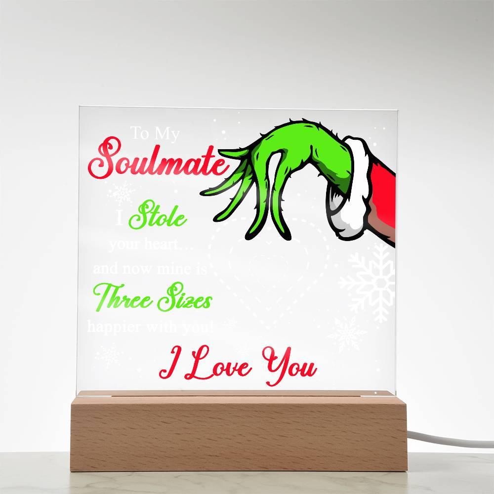 Soulmate Gift - Stole My Heart - Christmas Acrylic Plaque with Lighted LED wooden Base