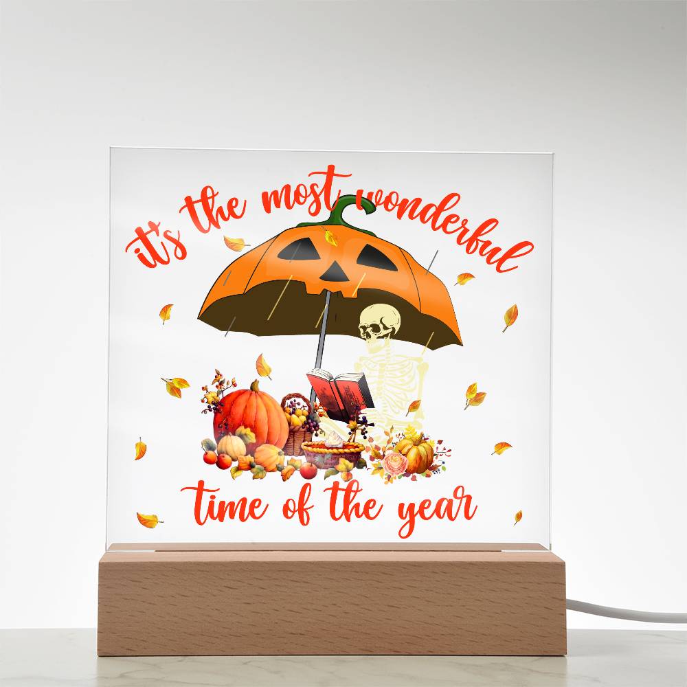 Halloween Decor - Most Wonderful Time of The Year Acrylic Square Plaque with LED Wooden Base