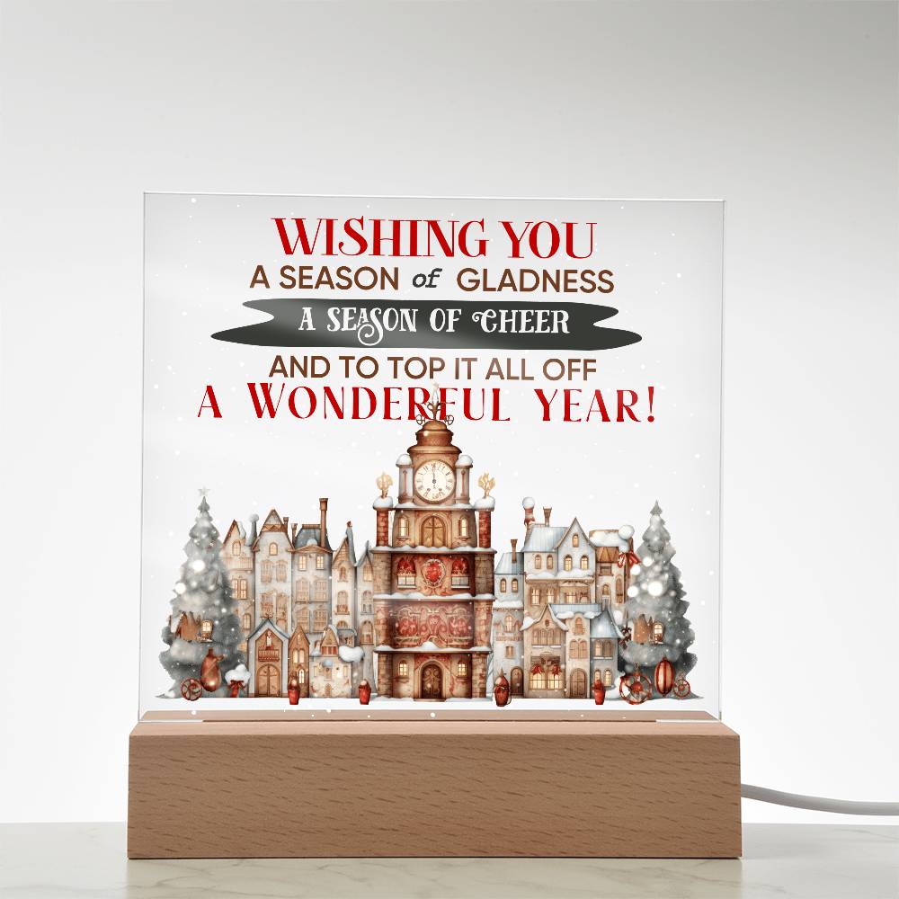 Wishing You a Season of Gladness Holiday Acrylic Plaque with Lighted LED Wooden Base