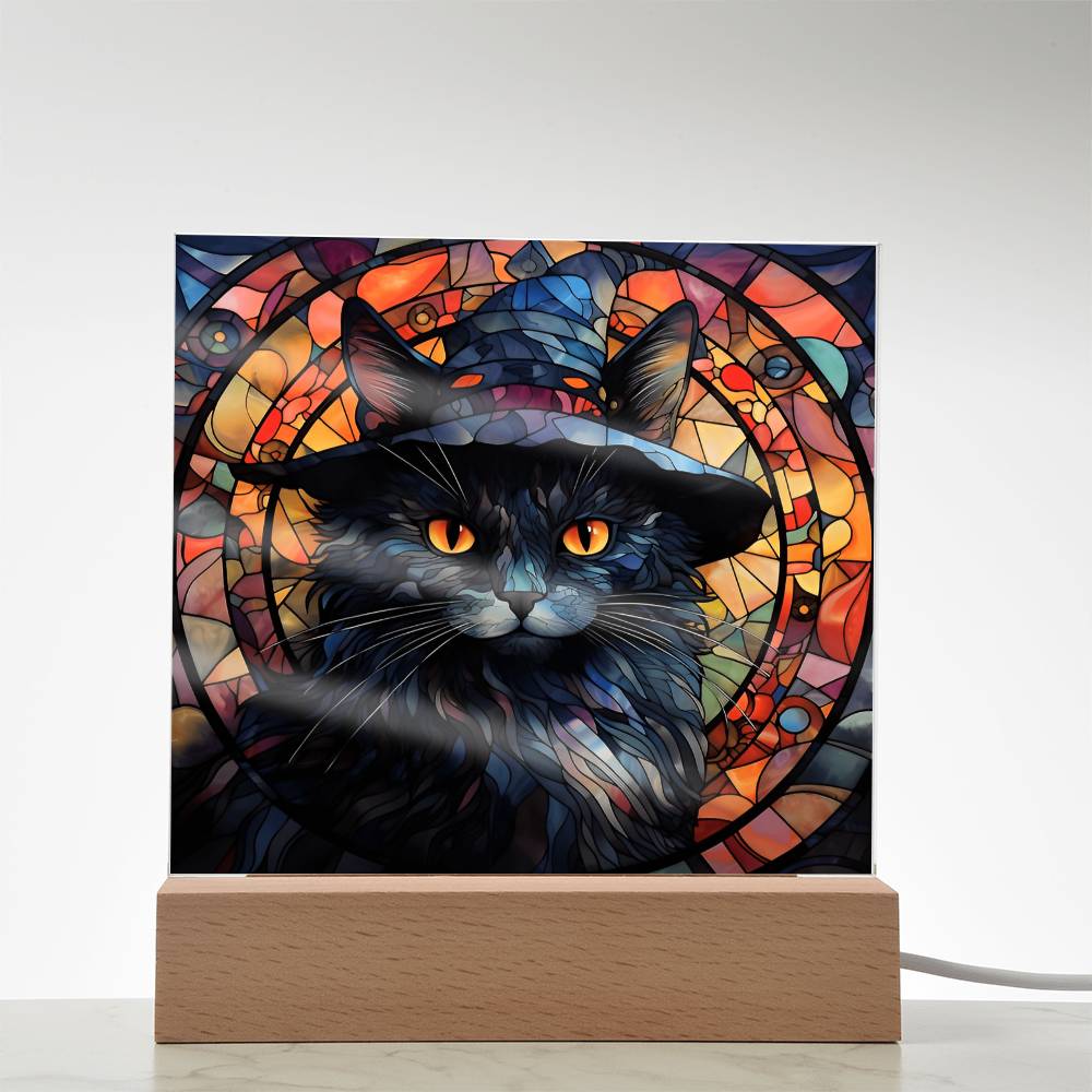 Halloween Decor - Spooky Black Cat Acrylic Square Plaque with LED Wooden Base