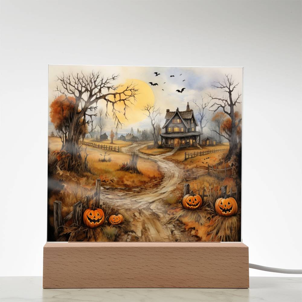 Haunted Elegance: Spooky Halloween Mansion Acrylic Square Plaque with LED Lighted Wooden Base