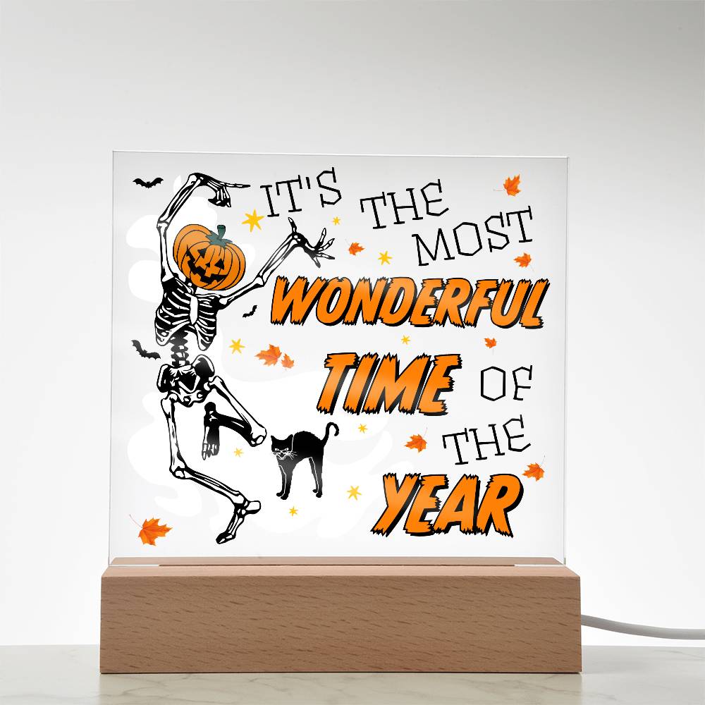 Halloween Decor - The Most Wonderful Time of the Year Acrylic Square Plaque with LED Wooden Base