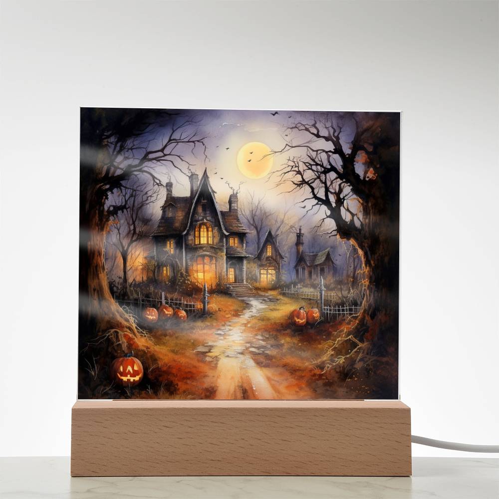 Ghostly Manor: Halloween Acrylic Square Plaque with LED Lighted Wooden Base