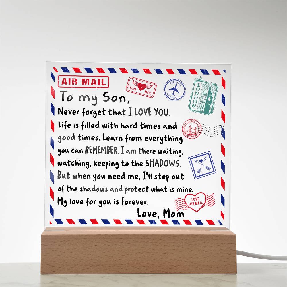 Letter To My Son, Love, Mom Acrylic Square Plaque with LED Wooden Base