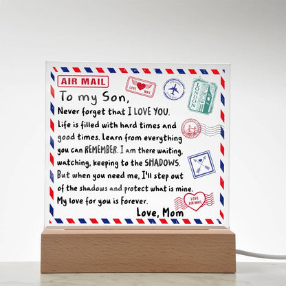 Letter To My Son, Love, Mom Acrylic Square Plaque with LED Wooden Base