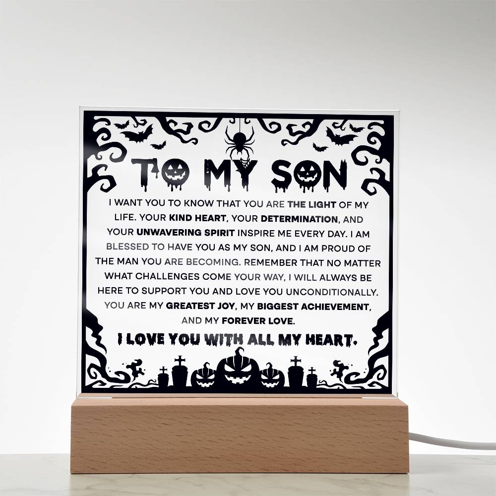 Son - Proudest Achievement - Halloween Acrylic Square Plaque with LED Wooden Base