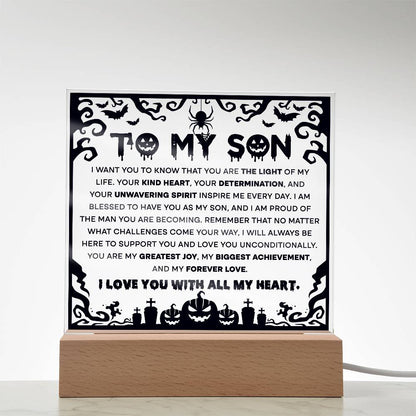 Son - Proudest Achievement - Halloween Acrylic Square Plaque with LED Wooden Base