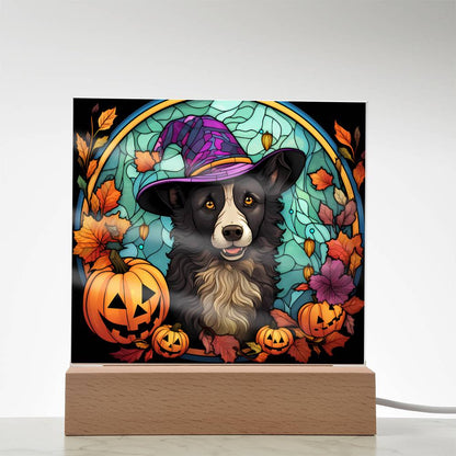 Dog Halloween Portrait Stained Glass Acrylic Plaque with LED Lighted Wooden Base