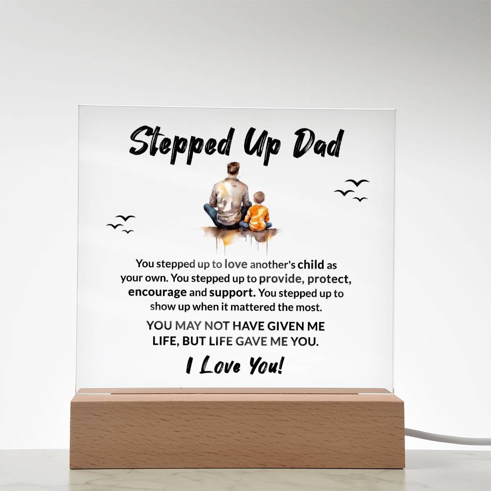 Stepped Up Dad Life Gave Me You Acrylic Plaque with LED Wooden Base