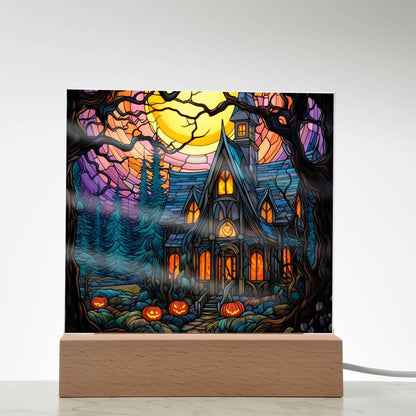 Spooky Halloween Mansion Acrylic Square Plaque with LED Lighted Wooden Base