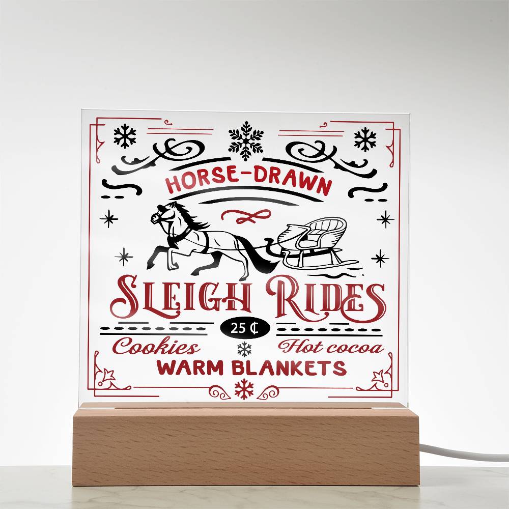 Christmas Horse Drawn Sleigh Rides Acrylic Square Plaque with LED Wooden Base