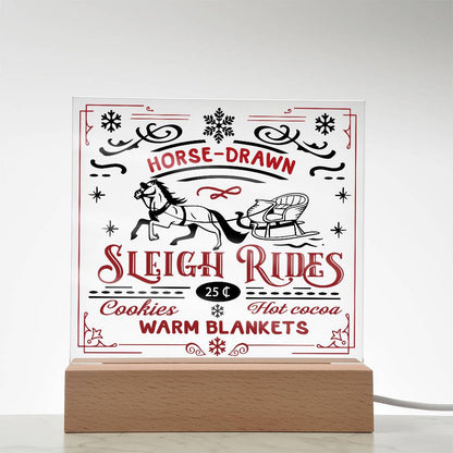 Christmas Horse Drawn Sleigh Rides Acrylic Square Plaque with LED Wooden Base