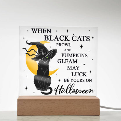 Halloween Decor - Black Cats and Pumpkins Gleam Acrylic Square Plaque with LED Wooden Base