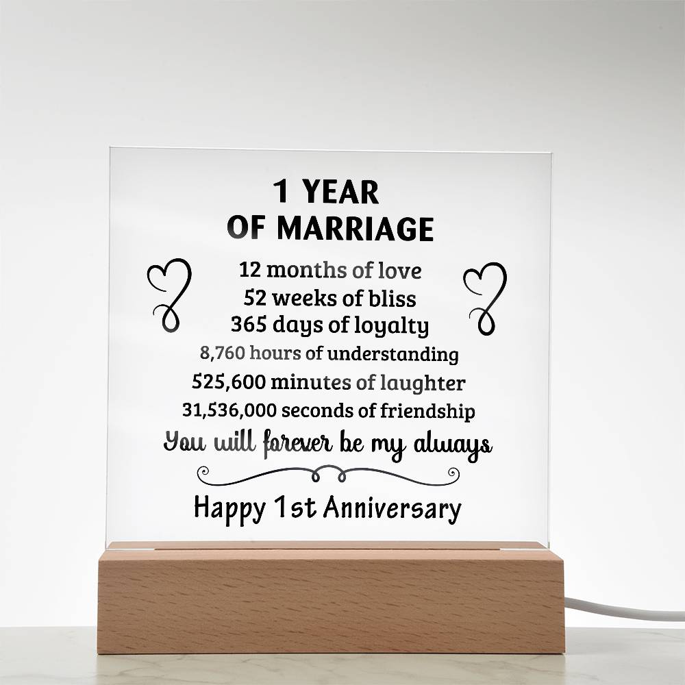 Anniversary Gift - One Year Of Marriage Acrylic Square Plaque with LED Wooden Base