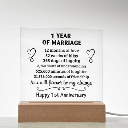 Anniversary Gift - One Year Of Marriage Acrylic Square Plaque with LED Wooden Base