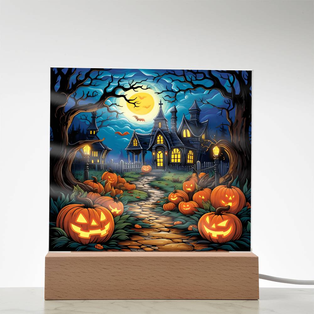 Halloween Decor Haunted Mansion Acrylic Square Plaque with LED Wooden Base