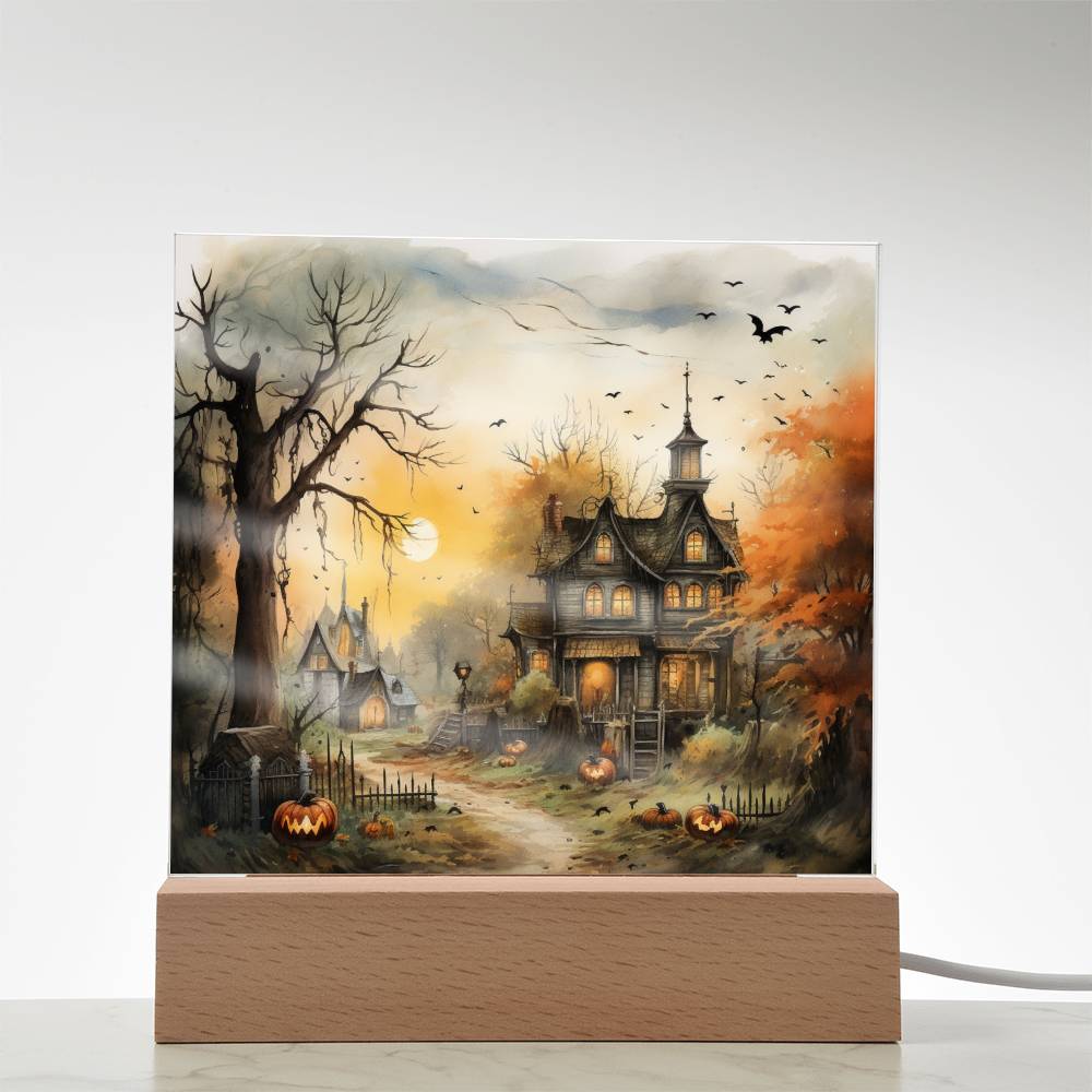 Spectral Spire: Spooky Halloween Mansion Acrylic Square Plaque with LED Lighted Wooden Base